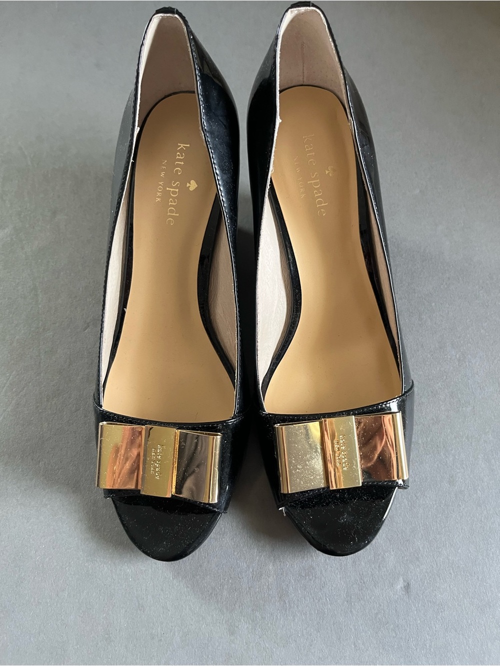 kate spade Black Patent Peep-Toe wedge with Gold Bow Accent